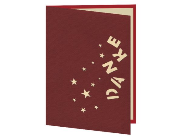 Klappkarte Danke Aufgeklappte Klappkarte mit dem Schriftzug Danke und roten Sternchen als