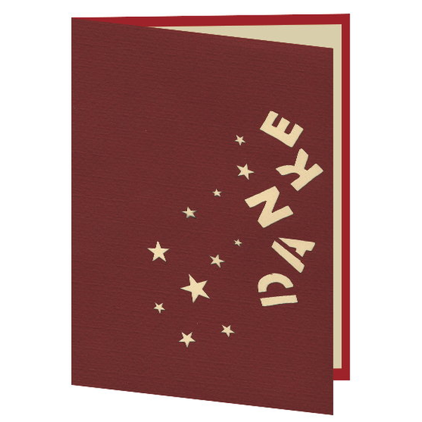 Klappkarte Danke Aufgeklappte Klappkarte mit dem Schriftzug Danke und roten Sternchen als