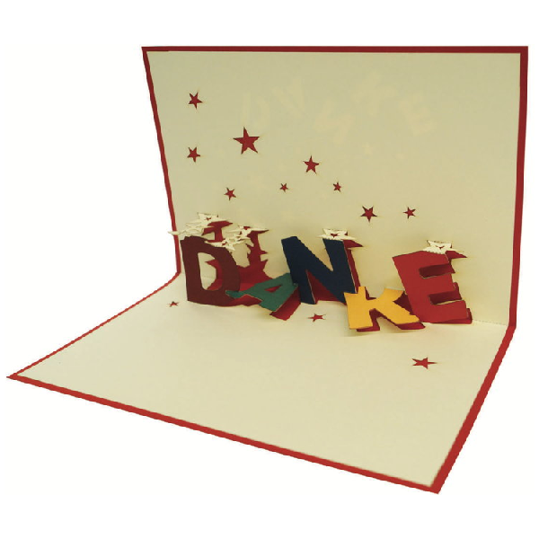 Klappkarte: Danke Aufgeklappte Klappkarte mit dem Schriftzug Danke und roten Sternchen als Motiv, Produktfoto
