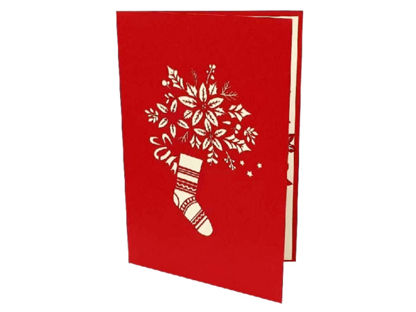 Klappkarte Weihnachtsstern Aufgeklappte Klappkarte mit der Blume Weihnachtsstern in einem Socken als Motiv, Produktfoto