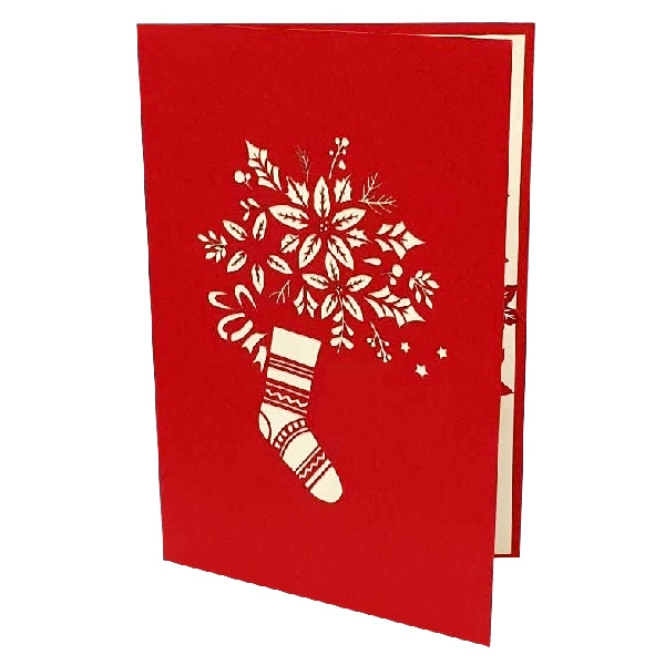 Klappkarte Weihnachtsstern Aufgeklappte Klappkarte mit der Blume Weihnachtsstern in einem Socken als Motiv, Produktfoto