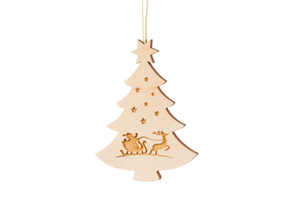 Weihnachten: Zweigschmuck Tannenbaum mit Schlittenfahrt