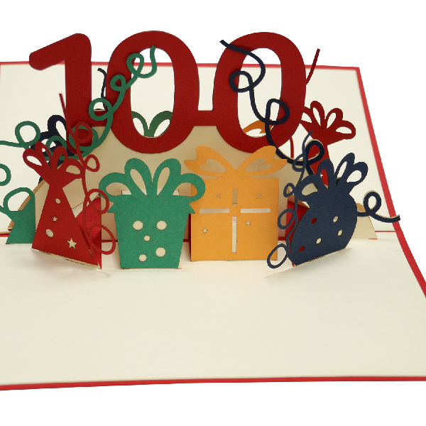 Aufgeklappte Klappkarte mit der Zahl 100 zwischen bunten Geschenken als Motiv, Produktfoto