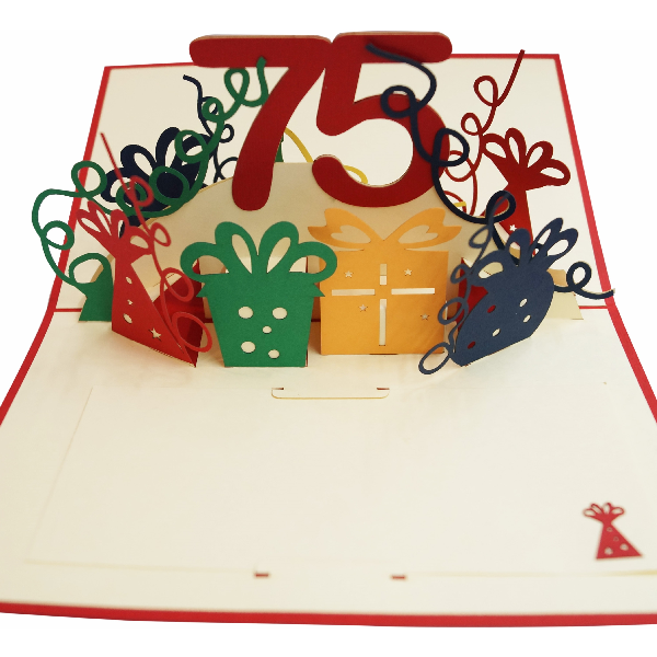 Aufgeklappte Klappkarte mit der Zahl 75 zwischen bunten Geschenken als Motiv, Produktfoto
