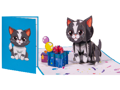 Klappkarte: Geburtstagskatze Eine Klappkarte aus Papier, die aufgeklappt ist und eine schwarze Katze und ien blaues Geschenk zu sehen ist.