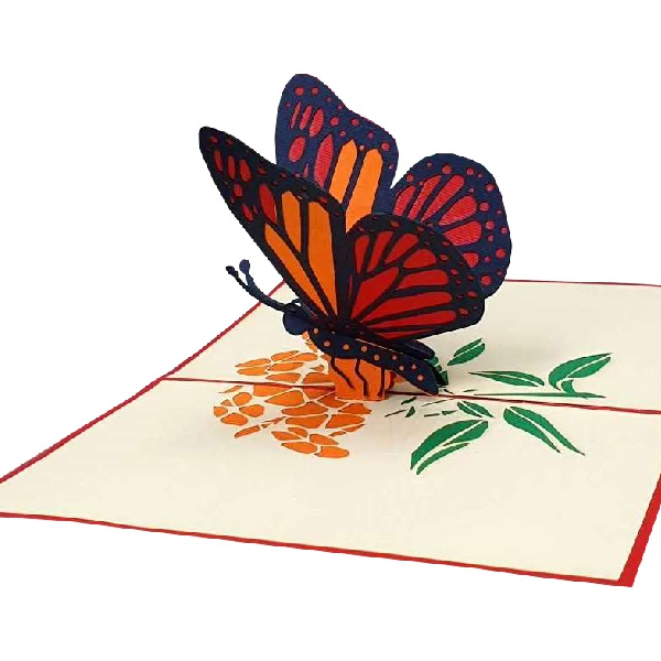 Klappkarte: Schmetterling rot Eine Klappkarte aus Papier, die aufgeklappt ist und ein roter Schmetterling auf einer orangenen Blume zu sehen ist.