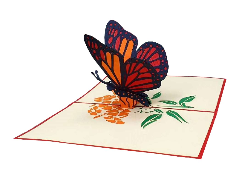Eine Klappkarte aus Papier, die aufgeklappt ist und ein roter Schmetterling auf einer orangenen Blume zu sehen ist.