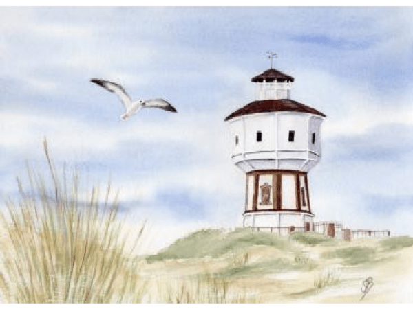 Postkarte: Wasserturm mit Dünen